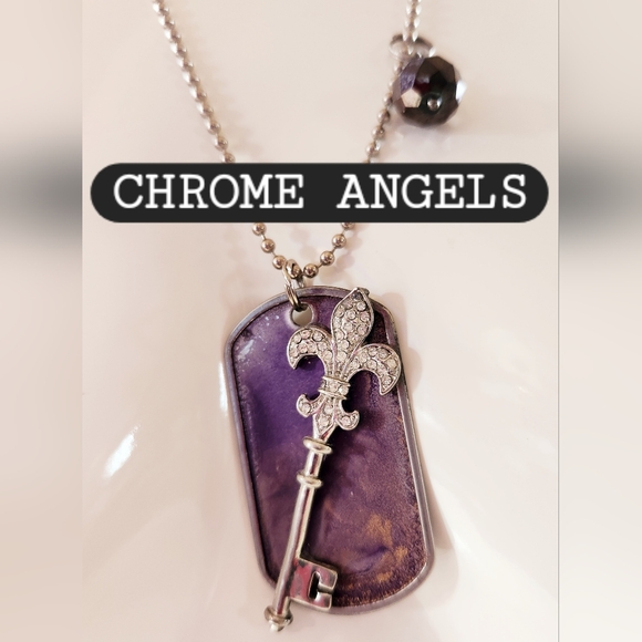 CHROME HEARTS Purple Pendant Rhinestones Fleur de Lis Silver Crystal Dog Tag 24" - Picture 12 of 16